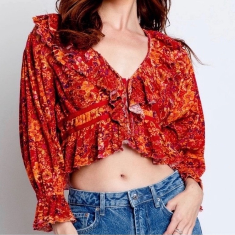 Free People Rudi Printed Ruffle Crop Blouse Size M
